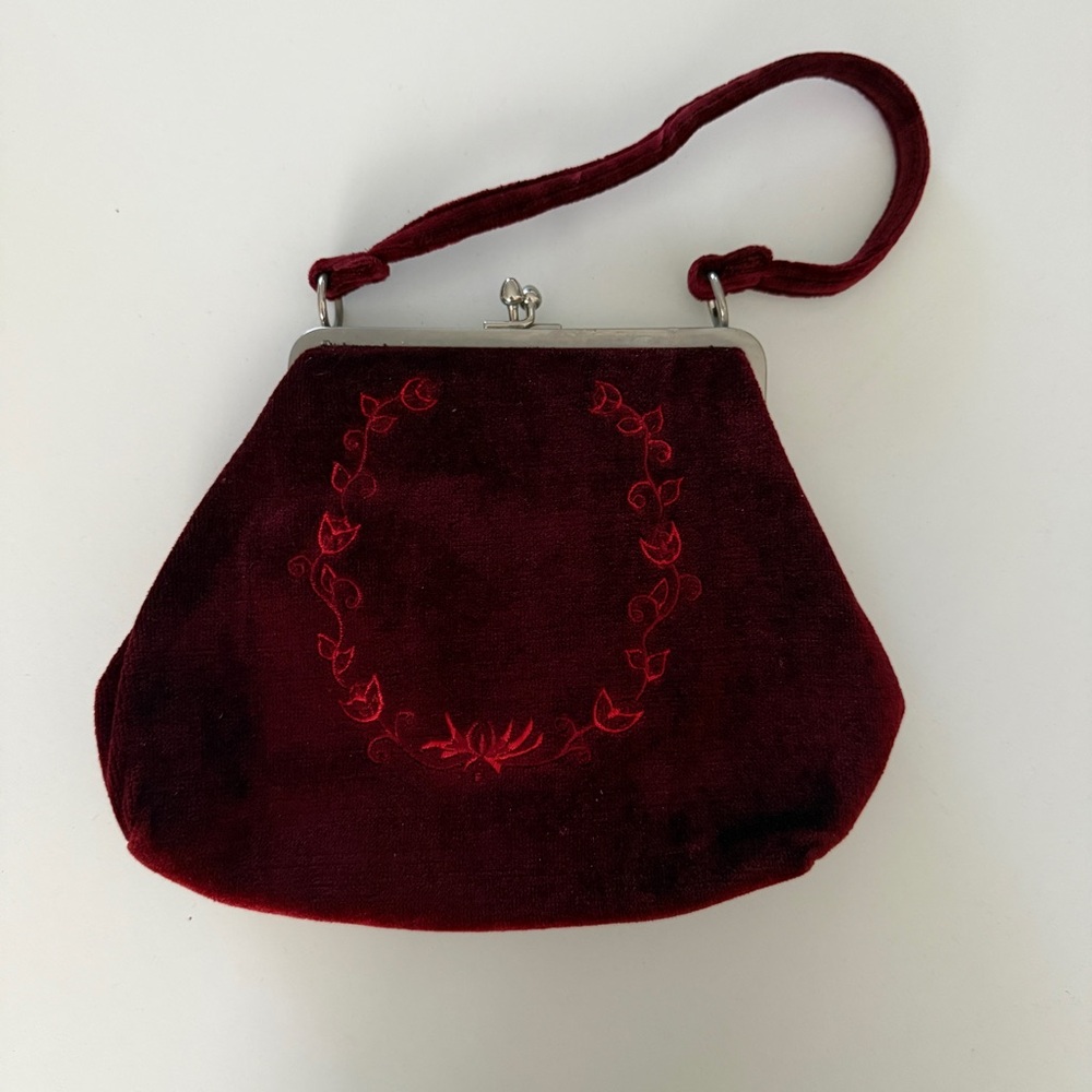 Velvet Embroidered Wristlet Purse - Burgundy